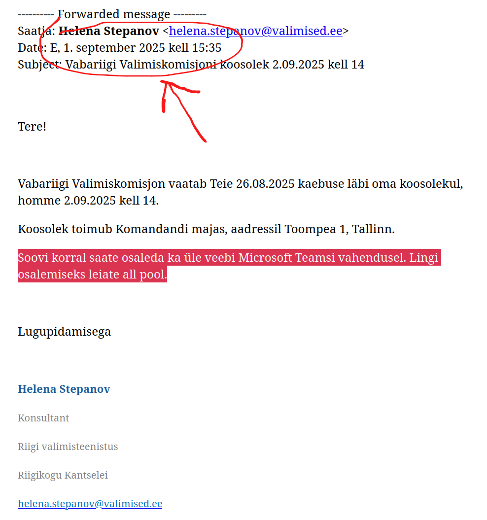 Osalejatele saadeti veebikonverentsi kutse kohe pärast koosoleku [väljakuulutamist 1.09.2025](https://www.valimised.ee/et/vabariigi-valimiskomisjoni-koosolek-2-septembril-2025), aga vaatlejatele ja avalikkusele jäeti mulje, et tegu on ainult valimiskomisjoni [füüsilises asupaigas](https://www.valimised.ee/et/kontaktandmed#block-valimised-system-main) toimuva koosolekuga, mille jälgimiseks tuleb Toompeale kohale minna.